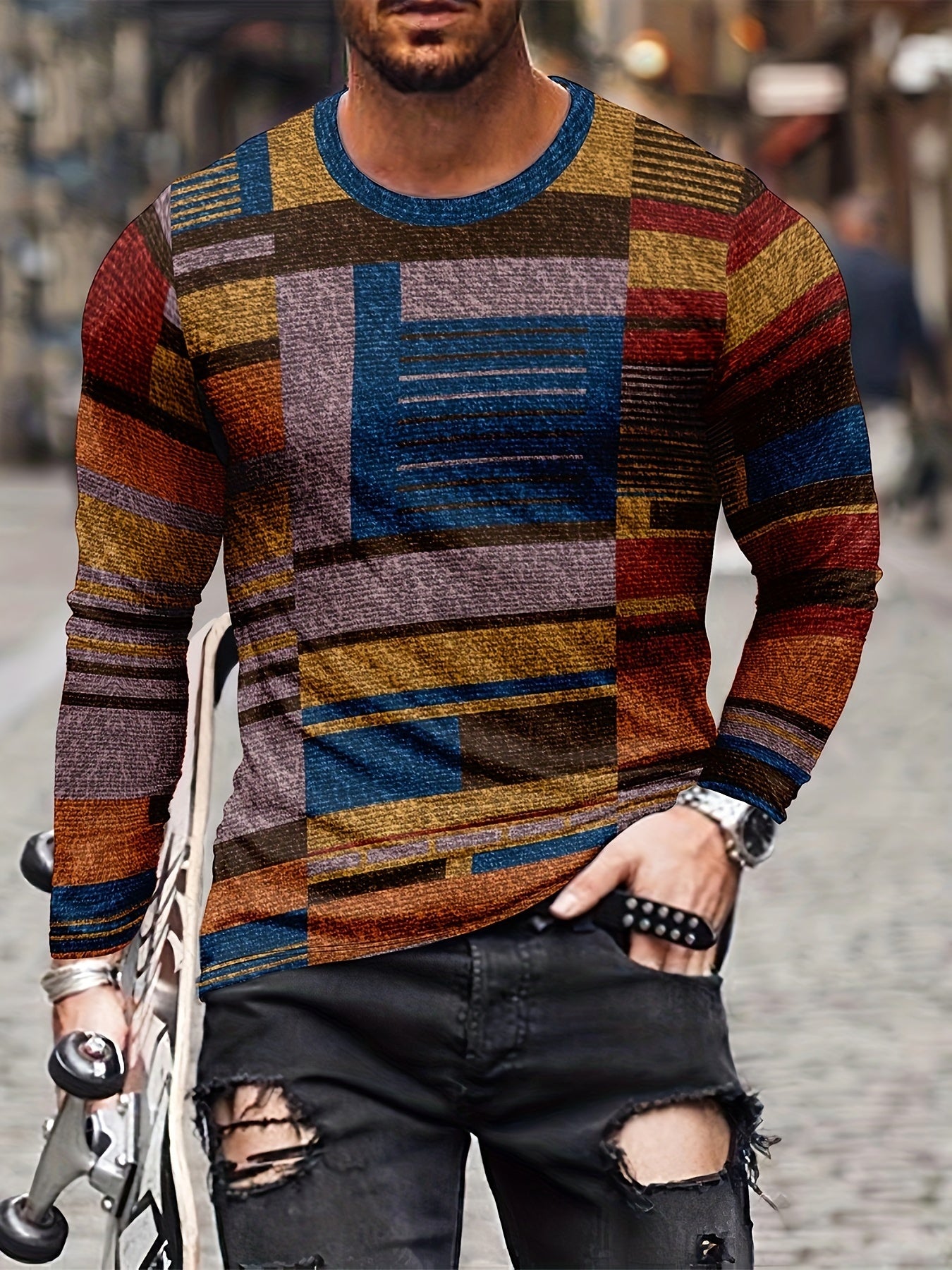 Geometry Print Men's Long Sleeve T-shirt for Autumn