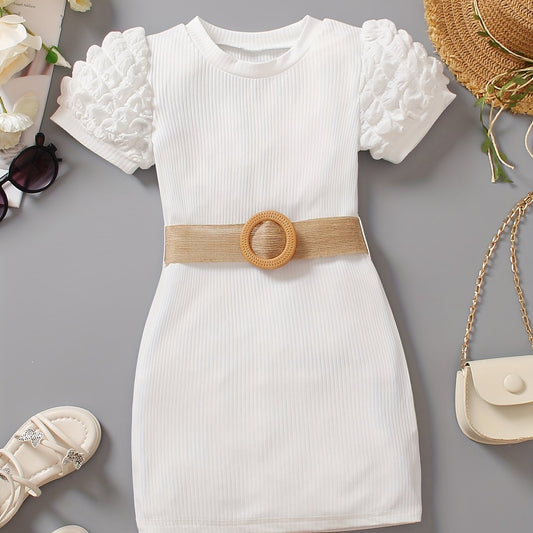 Toddler Girls Puff Sleeve Ribbed Knit Dress for Party