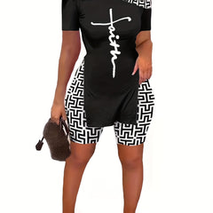 Women's Cross & Greek Print One Shoulder Two Piece Set