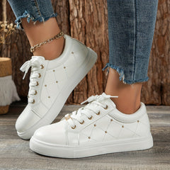 Women's Golden Beads Decor Sneakers Lace Up Outdoor Skate Shoes