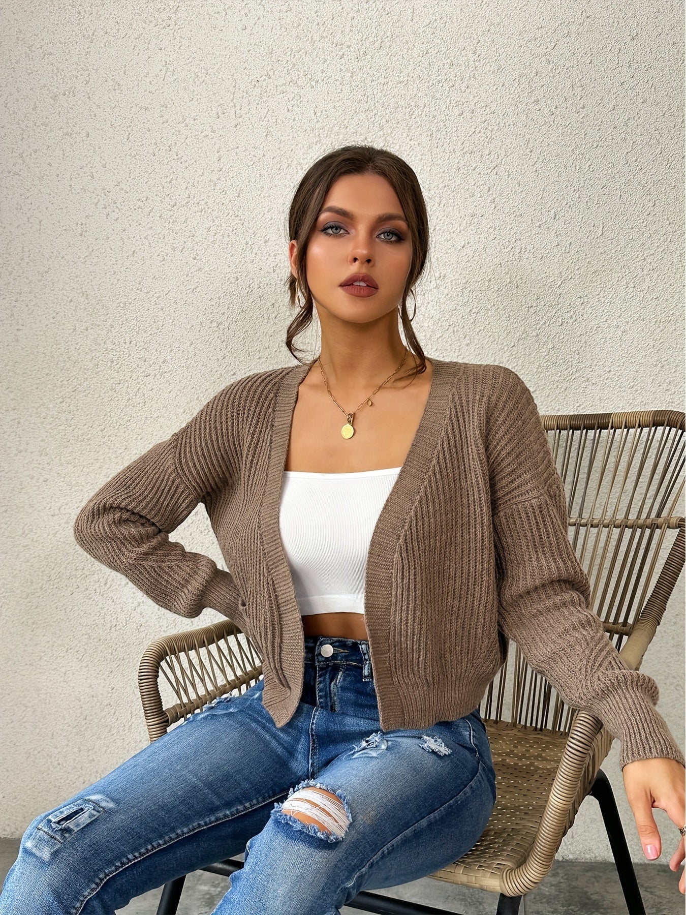 Casual Ribbed Knit Long Sleeve Open Front Cardigan