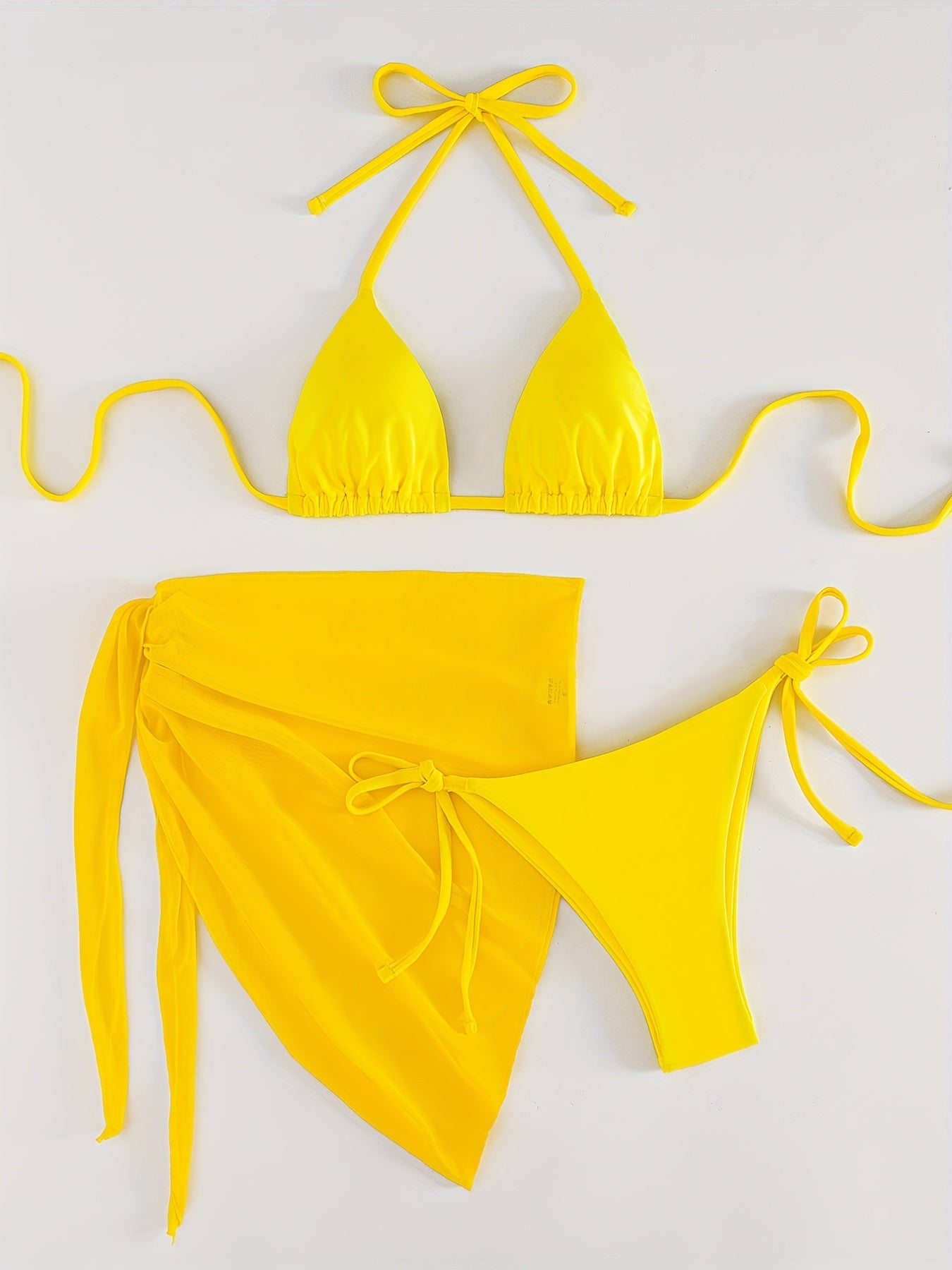 Yellow Bikini Set Halter Neck Tie Back High Cut Swimsuit Cover Up