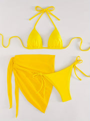 Yellow Bikini Set Halter Neck Tie Back High Cut Swimsuit Cover Up