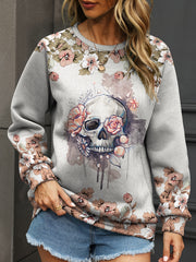 Skull & Floral Print Sweatshirt Crew Neck Women's Clothing
