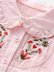 Girls Button Long Sleeve Embroidered Shirt Tops