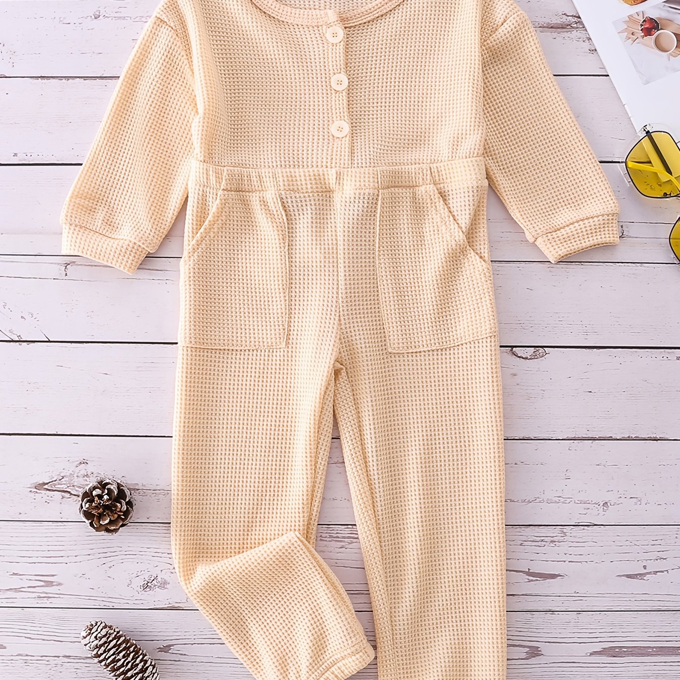 Plaid Print Girls Jumpsuit Long Sleeve Button Crew Neck