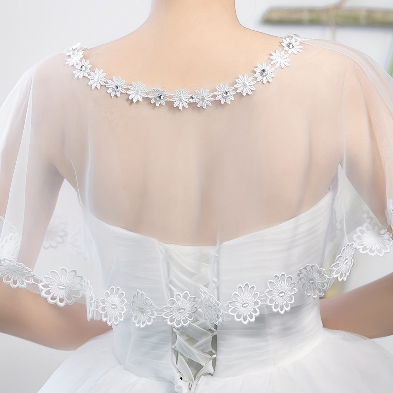 Lace Flower Embroidery Shawl Beige Mesh Wrap Bridal Wedding Shrug