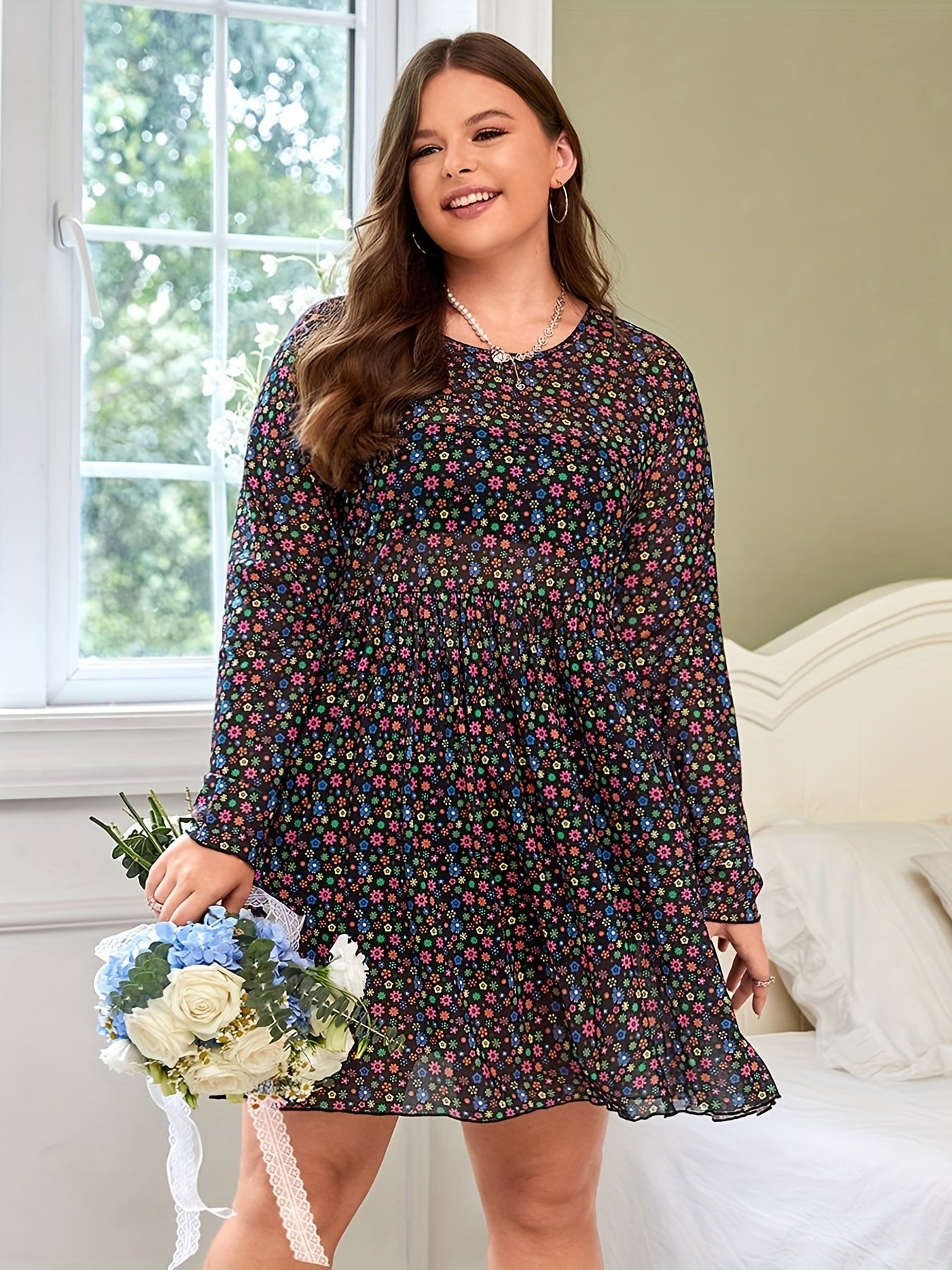 Ditsy Print Long Sleeve Round Neck Dress