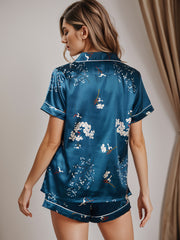 Floral Print Pajamas Set Lightweight Button Up Top & Elastic Waistband Shorts