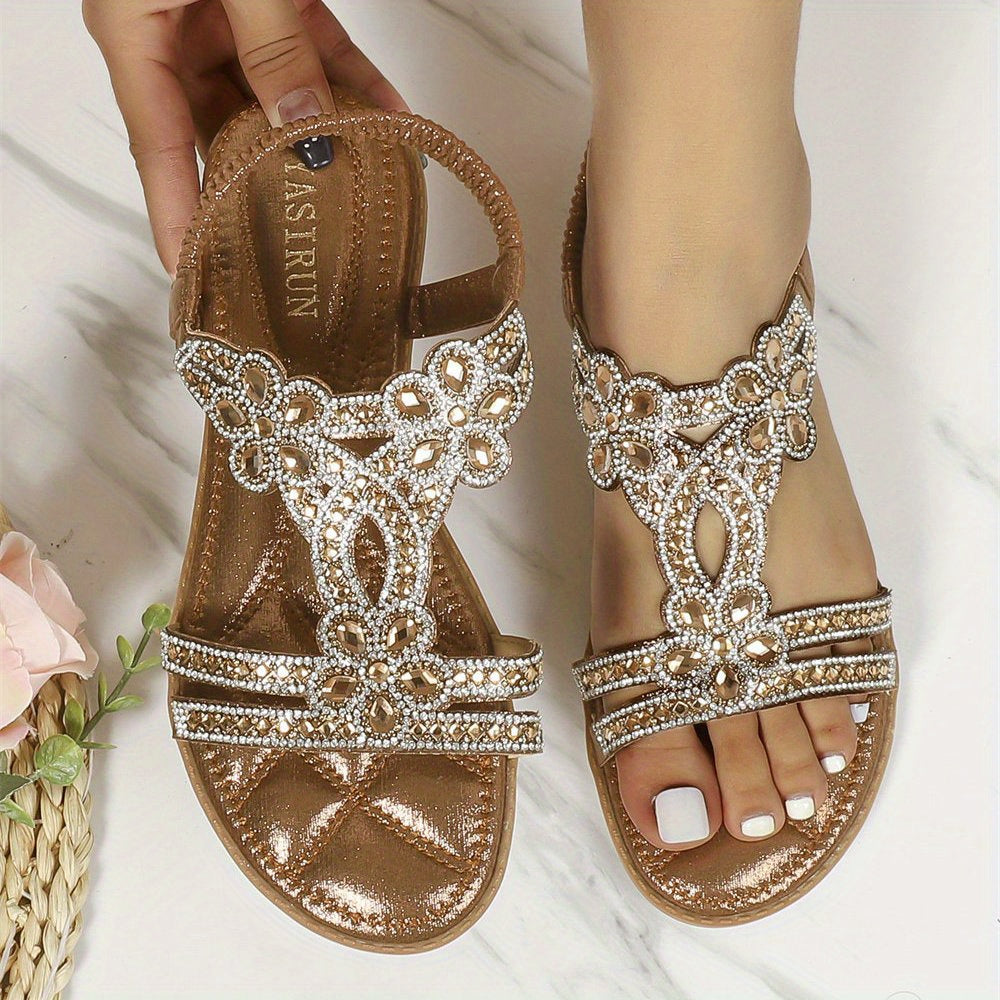 Boho Floral Rhinestone Flat Sandals Open Toe Slip On Casual Outdoor Sandals