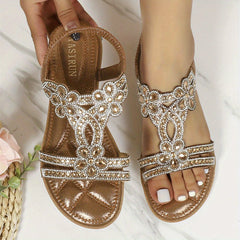 Boho Floral Rhinestone Flat Sandals Open Toe Slip On Casual Outdoor Sandals