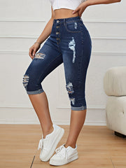 Dark Ripped Denim Shorts Slim Fit Distressed Slash Pockets