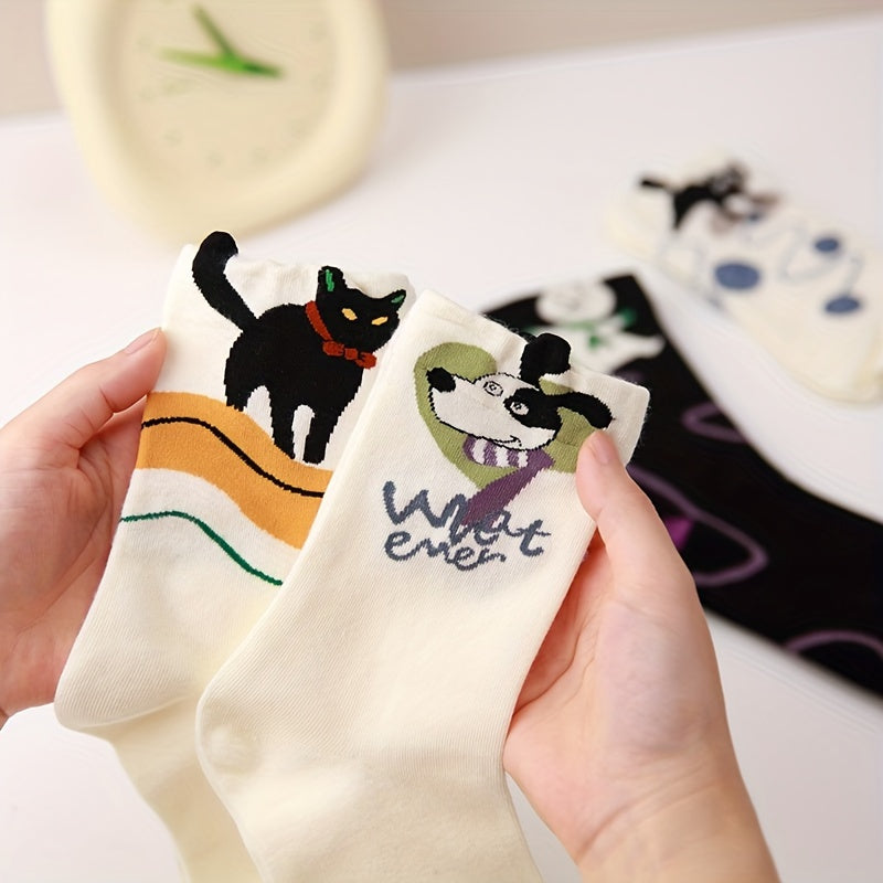 4 Pairs Cartoon Cat & Dog Print Socks Women's Stockings