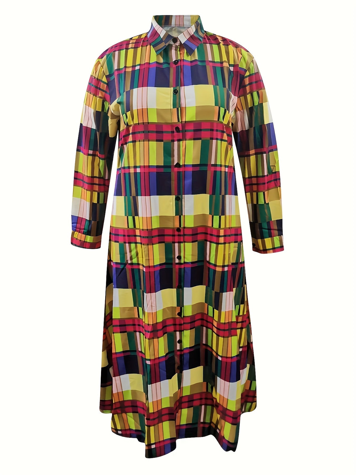 Plaid Print Long Sleeve Maxi Shirt Dress