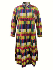 Plaid Print Long Sleeve Maxi Shirt Dress