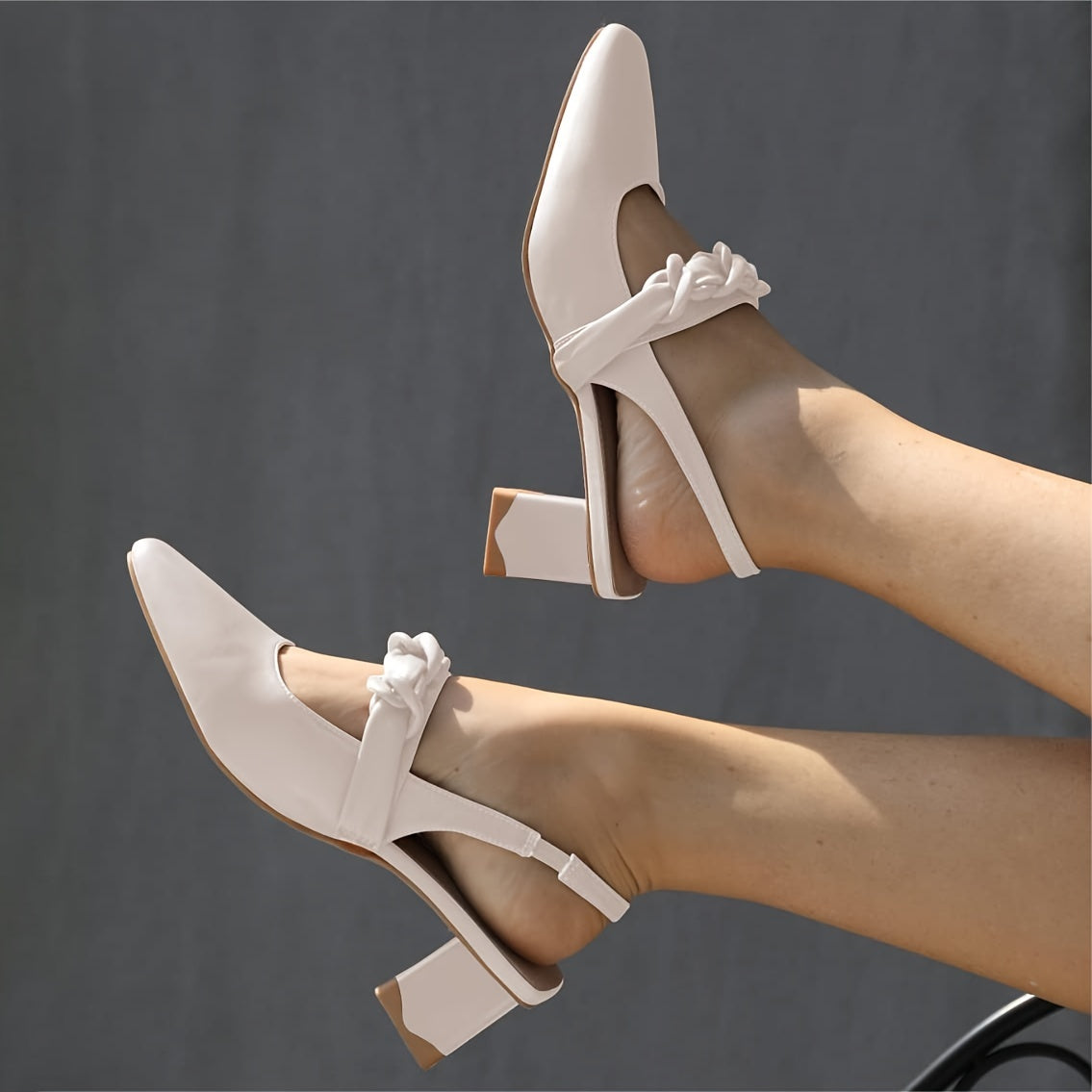 Women's Satin Chunky Heel Slingback Sandals with Chain Detail
