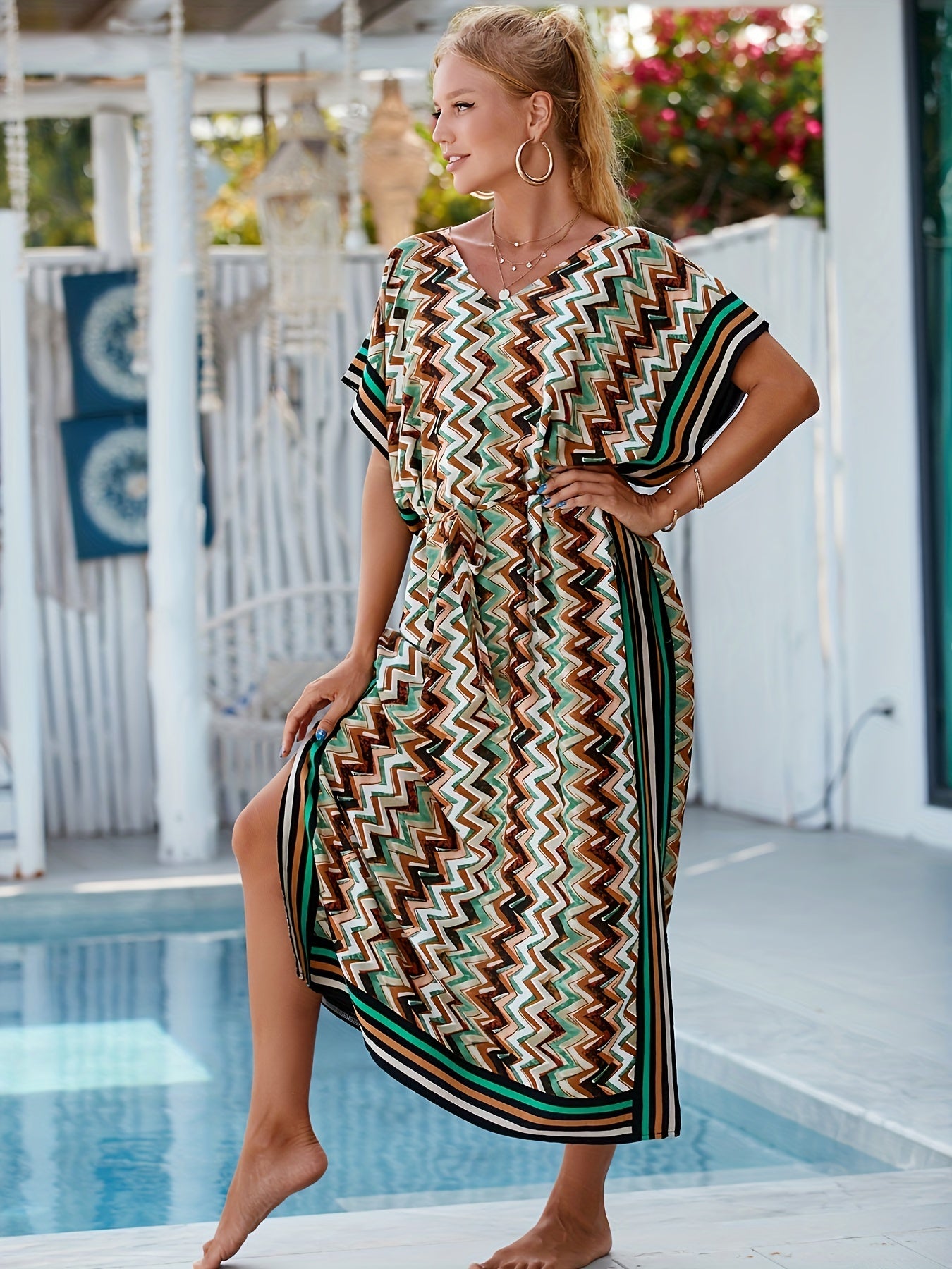 Chevron V Strips Belt Cover Up Kaftan