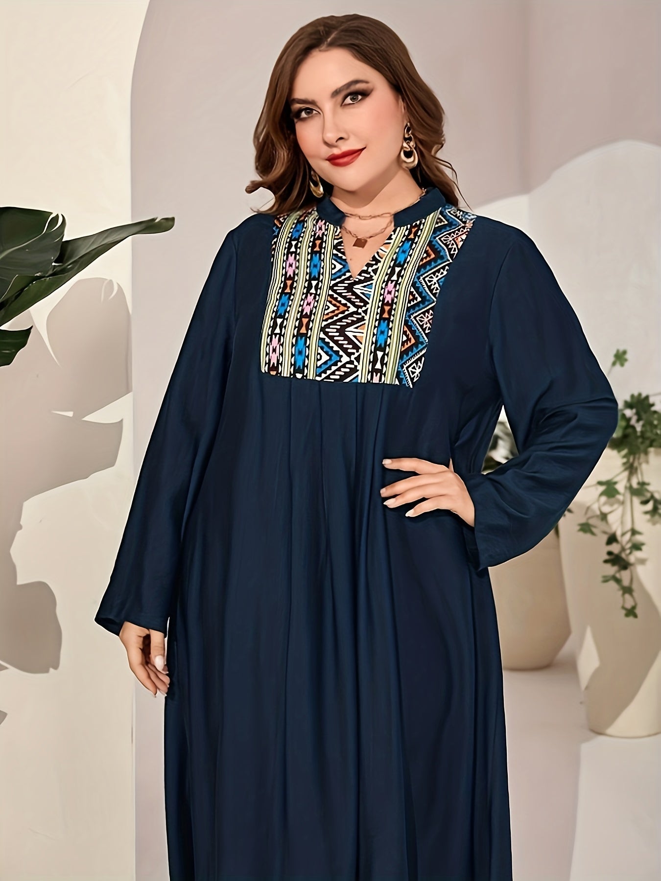 Geo Print Abaya Dress Long Sleeve Maxi Jalabiya