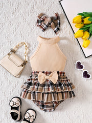Baby's Stylish Suit Halter Top & Layered Plaid Skirt Set