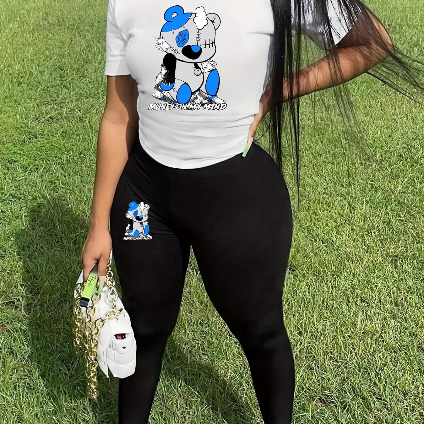 Bear Print Matching Two piece Set Casual Short Sleeve T shirt & Skinny Pants