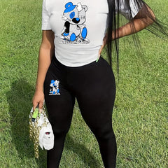 Bear Print Matching Two piece Set Casual Short Sleeve T shirt & Skinny Pants
