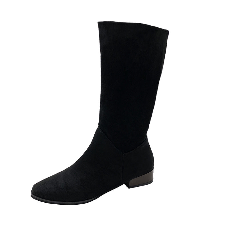 Women's Mid Calf Boots Block Heel Square Toe Slip On Comfortable Boots