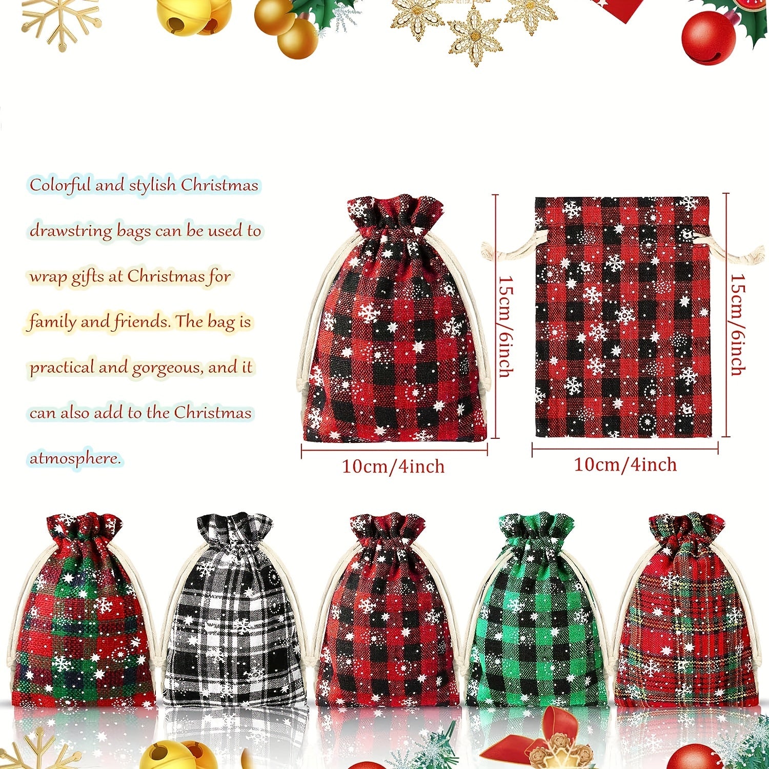 6pcs Christmas Plaid Cotton Drawstring Gift Bag for Candy Packaging
