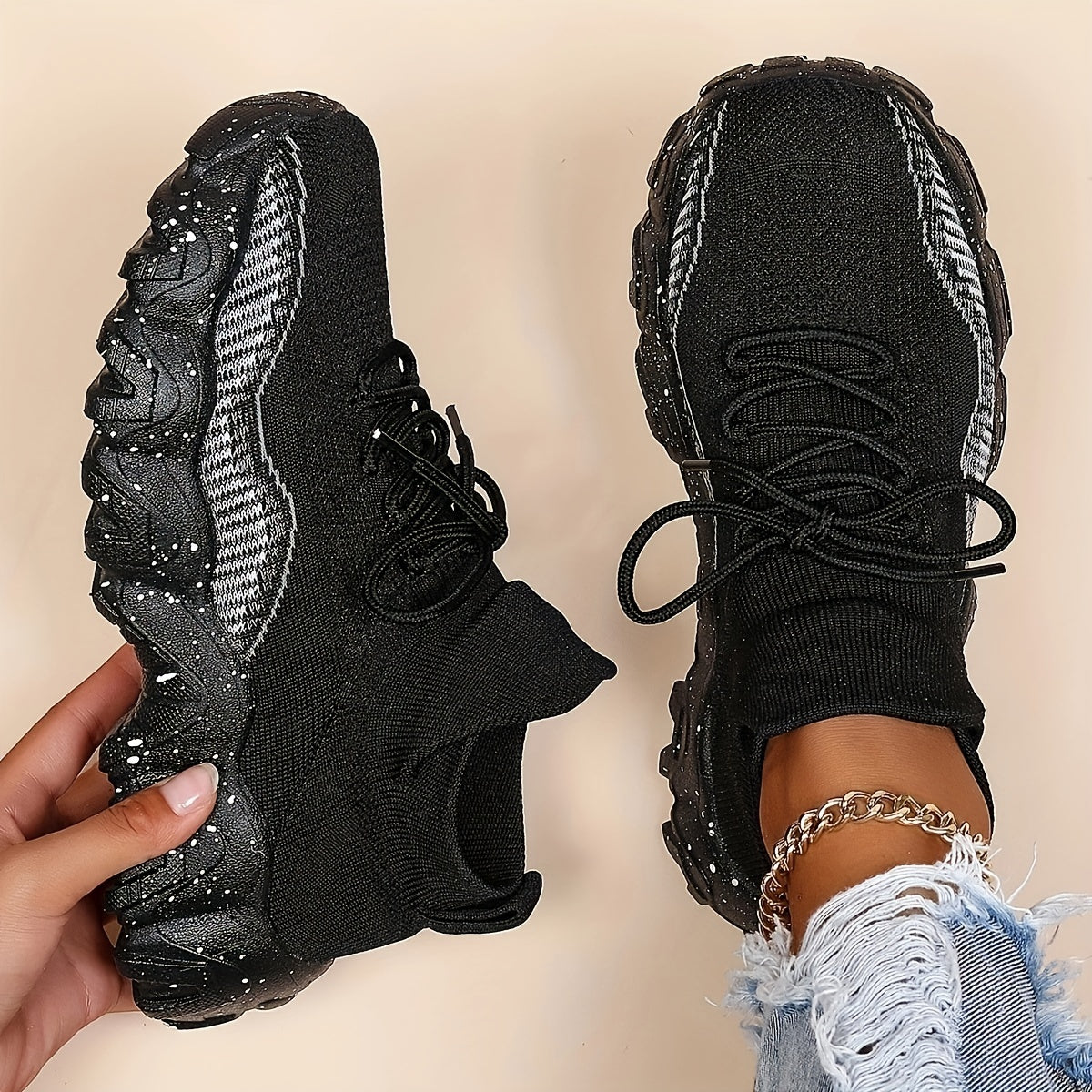 Women's Breathable Lace Up Knit Sneakers Low Top Walking Shoes