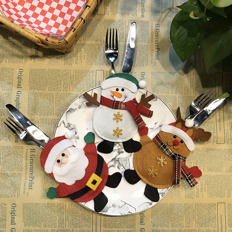 3pcs Christmas Cutlery Holders Snowman Santa Reindeer Pockets Tableware Decor