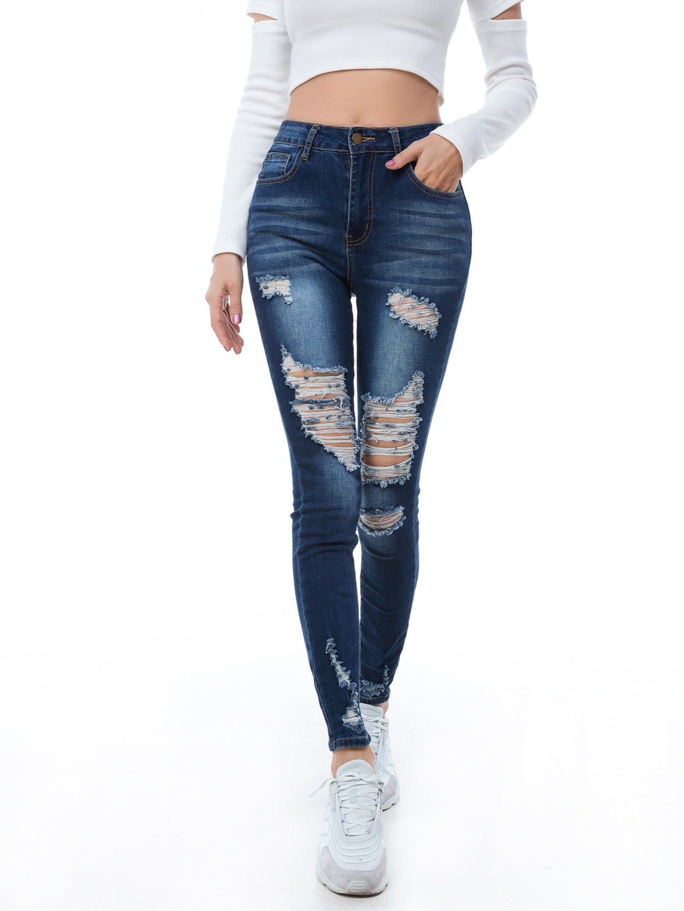 High Waist Skinny Jeans Distressed Stretchy Denim Pants