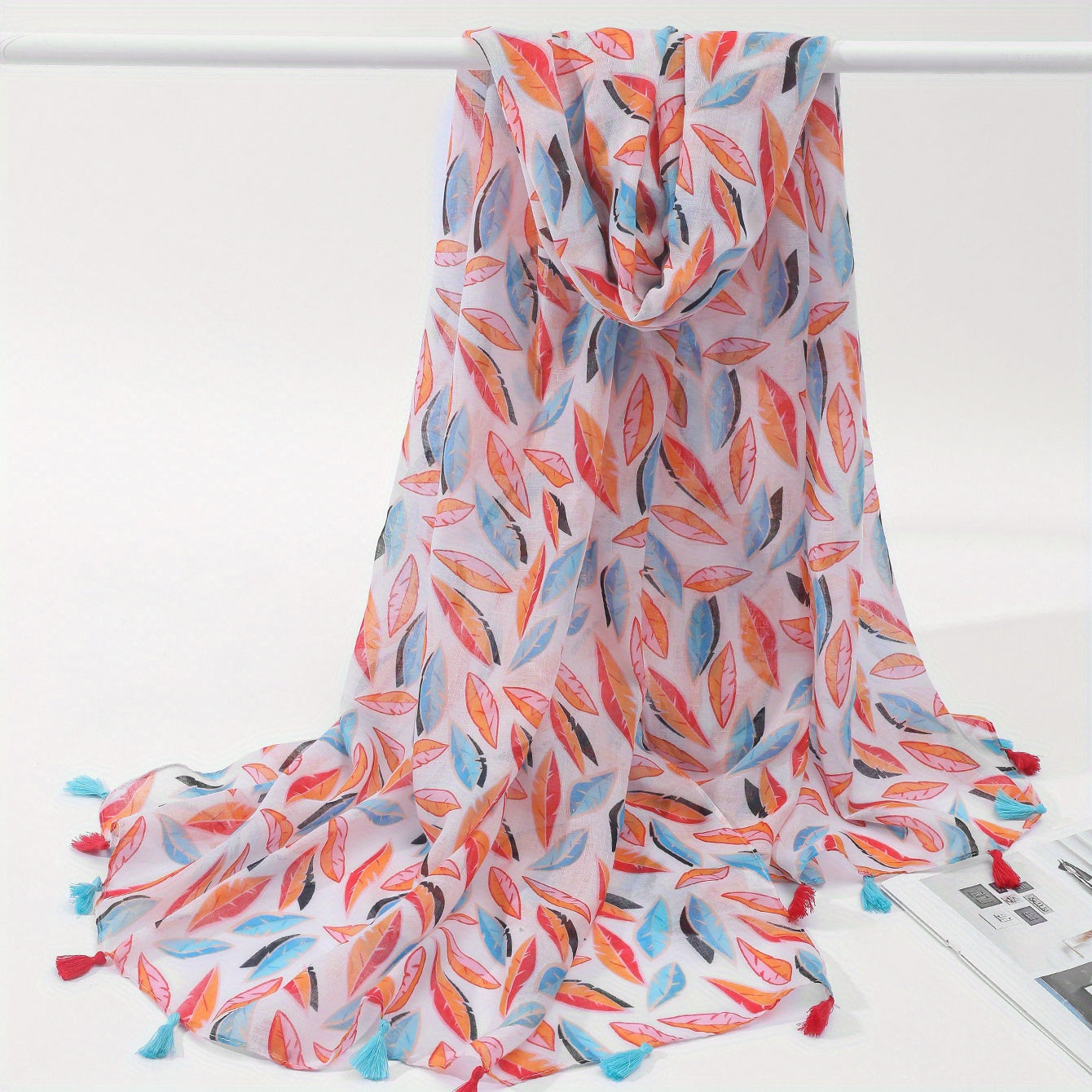 Colorful Leaf Print Scarf Tassel Shawl Women Windproof Warm Head Wrap