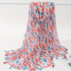Colorful Leaf Print Scarf Tassel Shawl Women Windproof Warm Head Wrap
