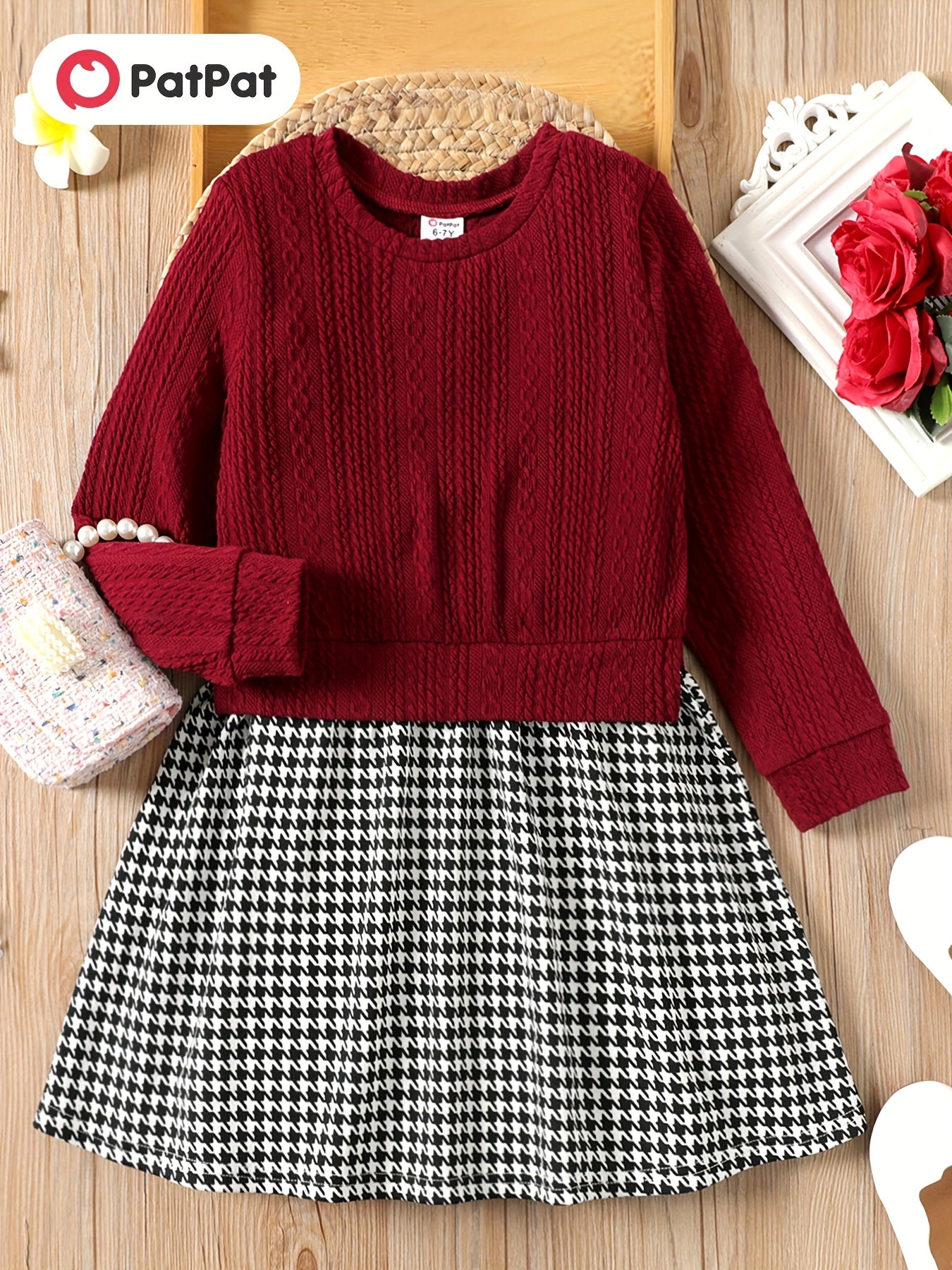 Kid Girl Cable Knit Houndstooth Long Sleeve Dress