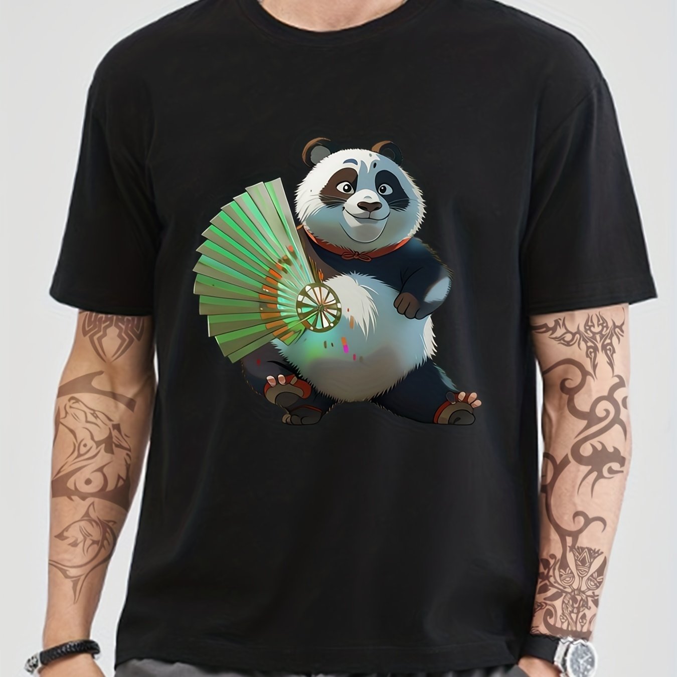 Cotton Anime Panda Print Men's Graphic Tee Crew Neck T shirt