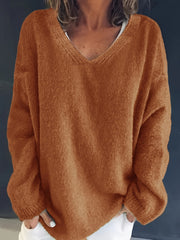 Solid V Neck Sweater Long Sleeve Loose Fit Pullover