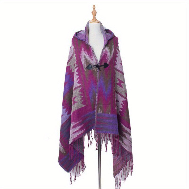 Boho Hoodie Tassel Shawl Geometric Pattern Scarf