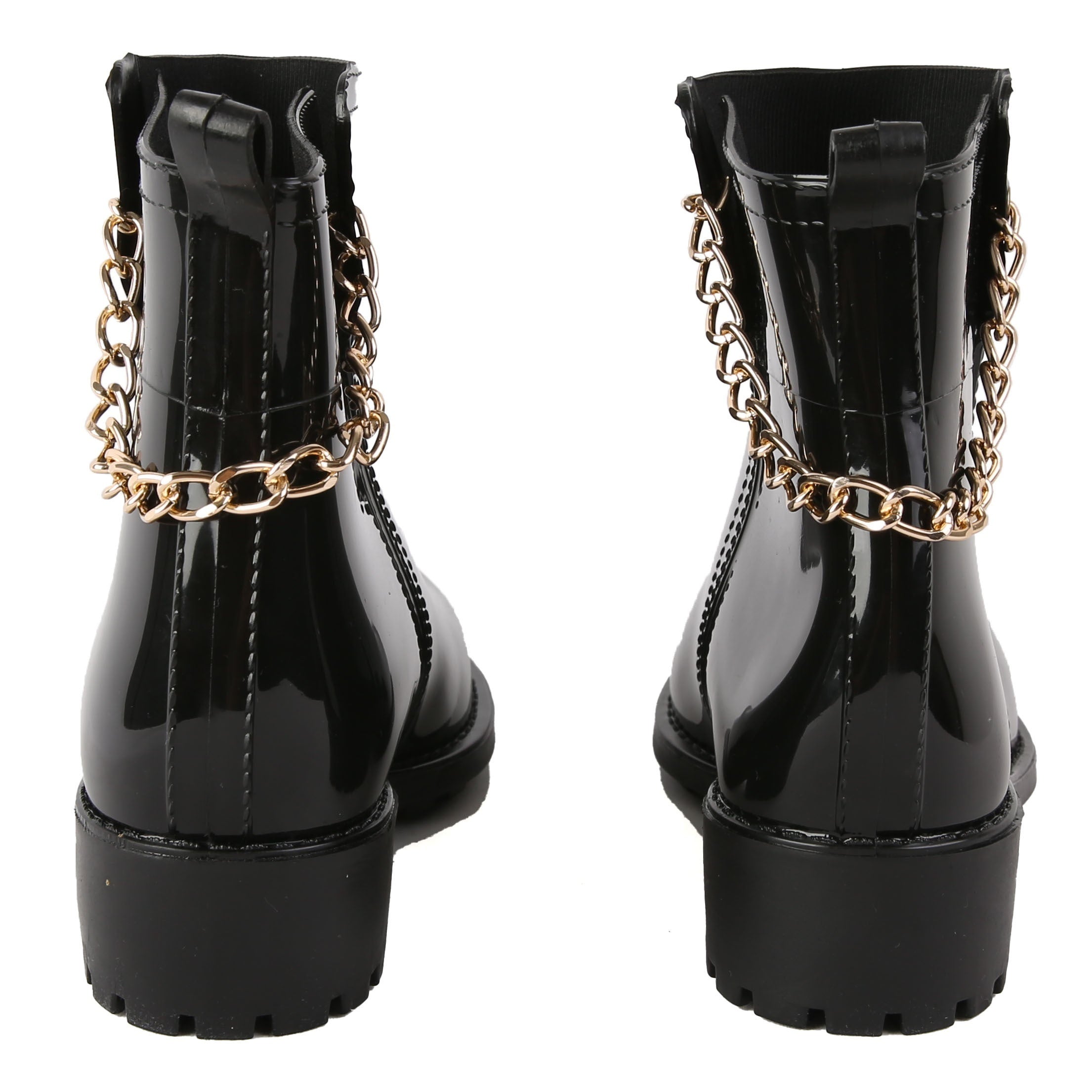 Metal Chain Decor PVC Round Toe Flat Waterproof Rain Boots