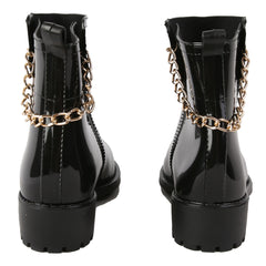 Metal Chain Decor PVC Round Toe Flat Waterproof Rain Boots