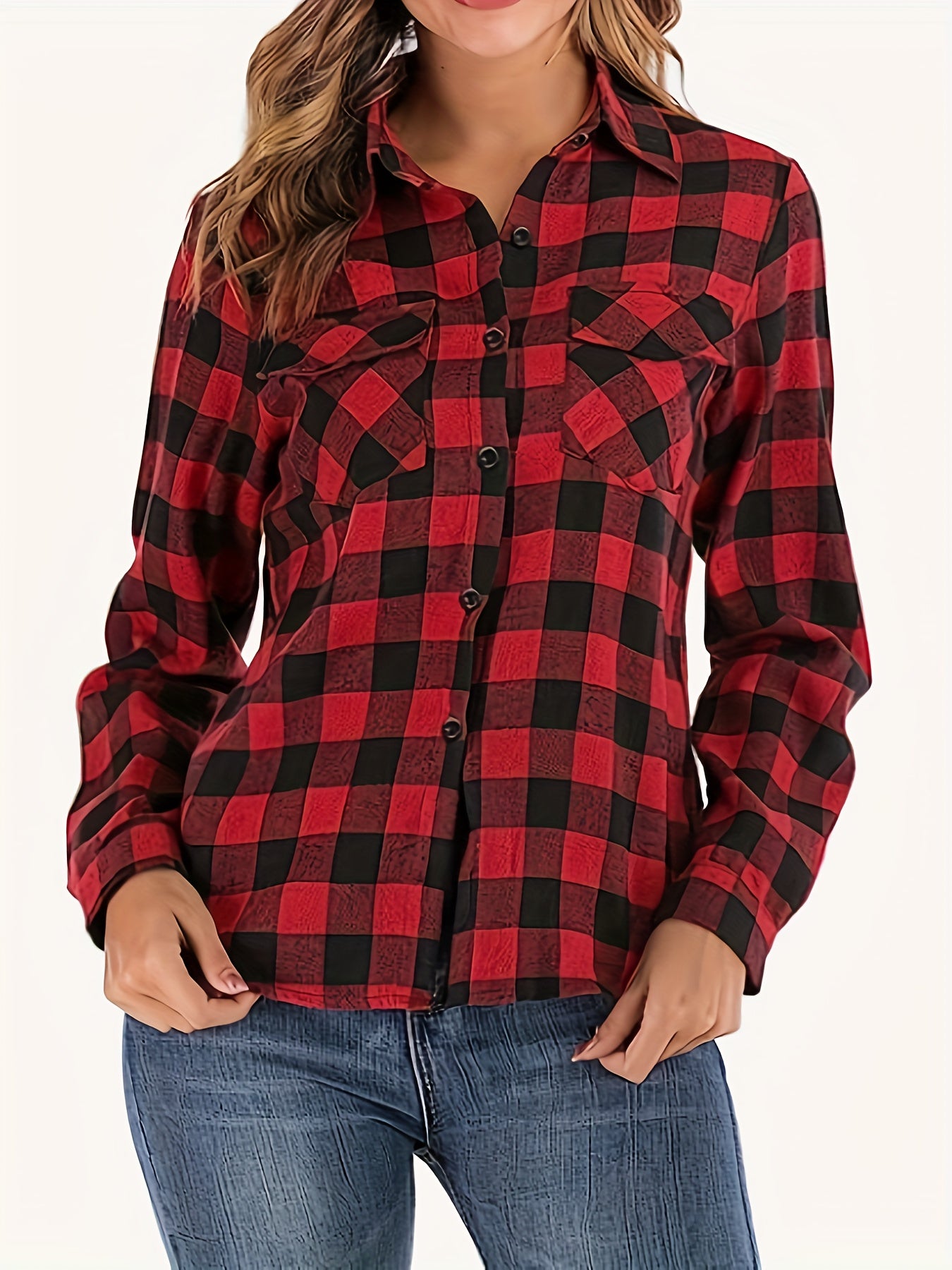 Gingham Print Button Up Long Sleeve Blouse