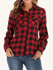 Gingham Print Button Up Long Sleeve Blouse