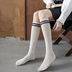 Geometric Striped Calf Socks Hollow Out Knee High Socks Women's Stockings
