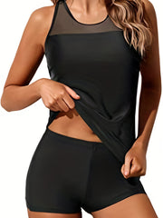Tankini Set Solid Contrast Mesh Round Neck