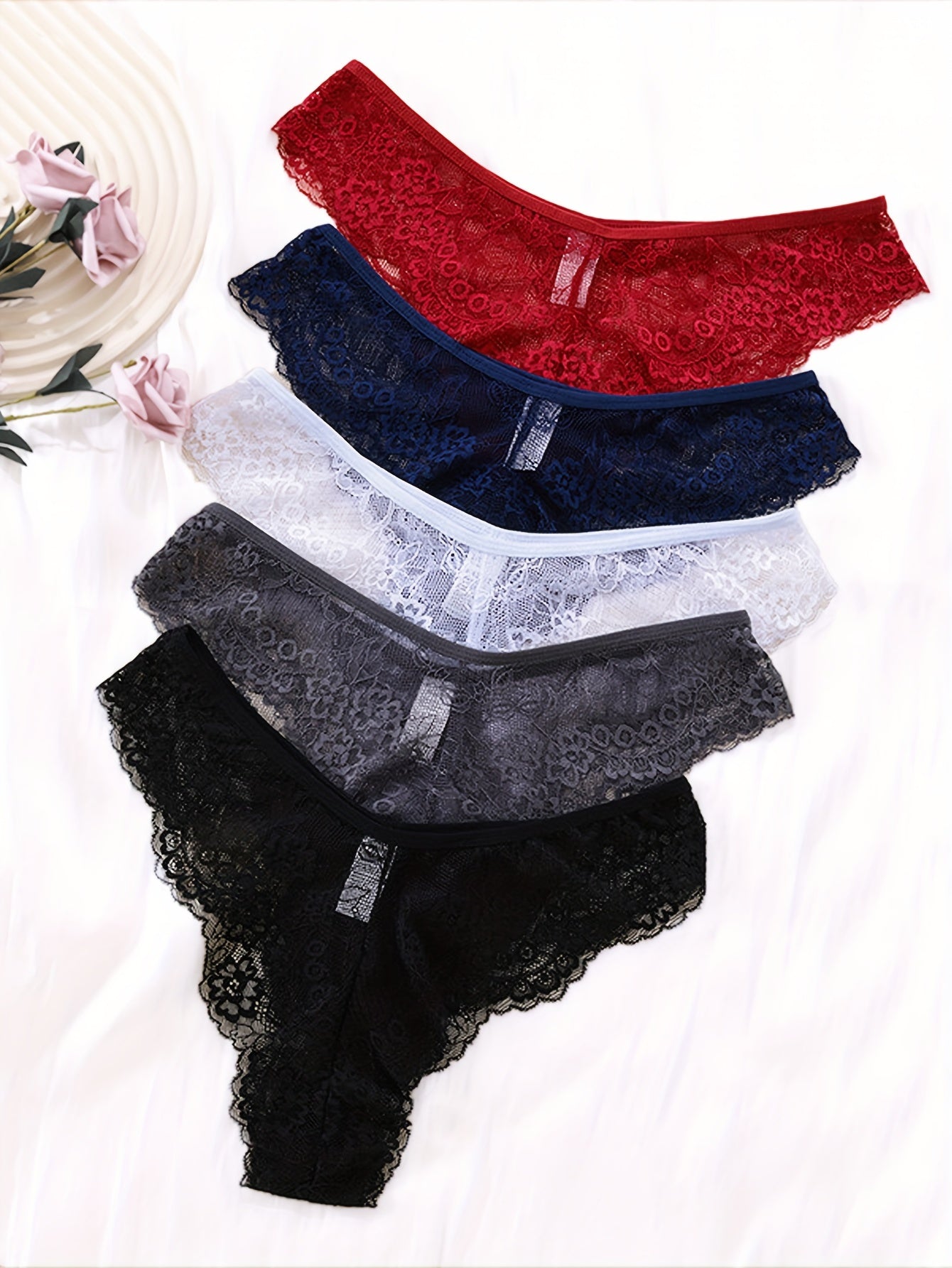 5pcs Floral Lace Panties Soft & Comfy Low Waist Stretchy Panties