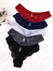 5pcs Floral Lace Panties Soft & Comfy Low Waist Stretchy Panties
