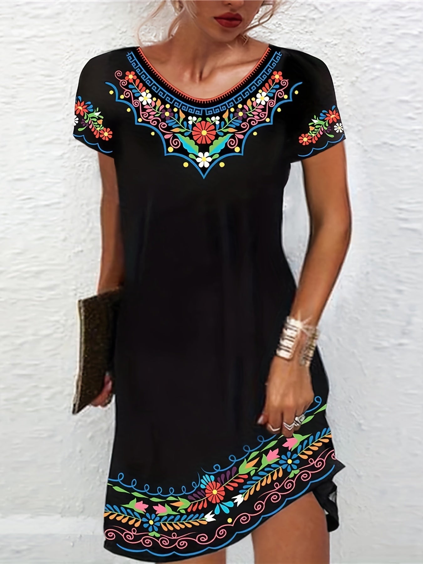 Floral Print Short Sleeve Dress Women's Clothing