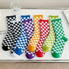 8 Pairs Plaid Crew Socks for Women Comfy & Breathable All Match Stockings