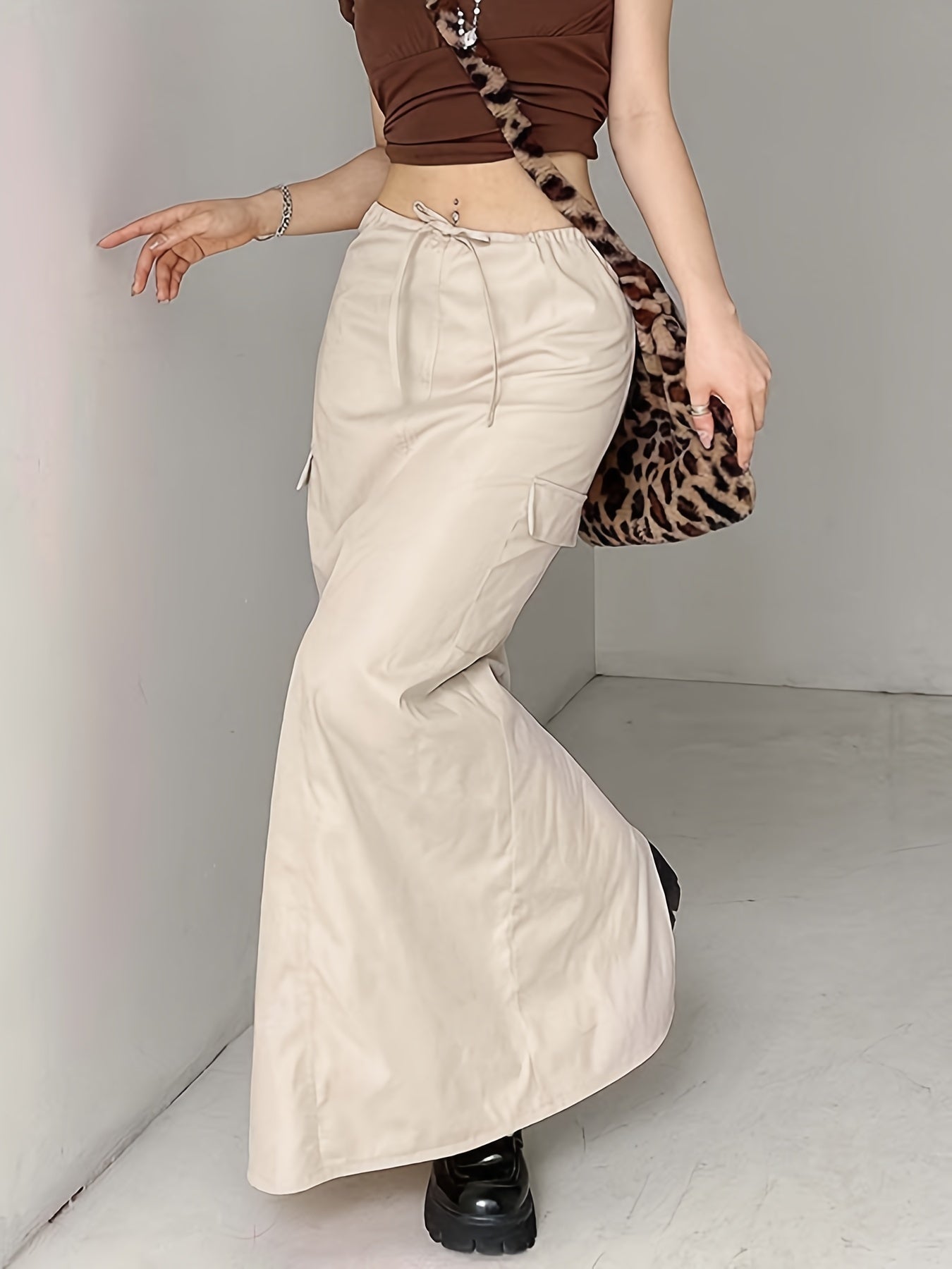 Y2K Maxi Cargo Skirts Drawstring Waist Casual Stylish Pleated Skirts