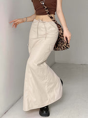 Y2K Maxi Cargo Skirts Drawstring Waist Casual Stylish Pleated Skirts