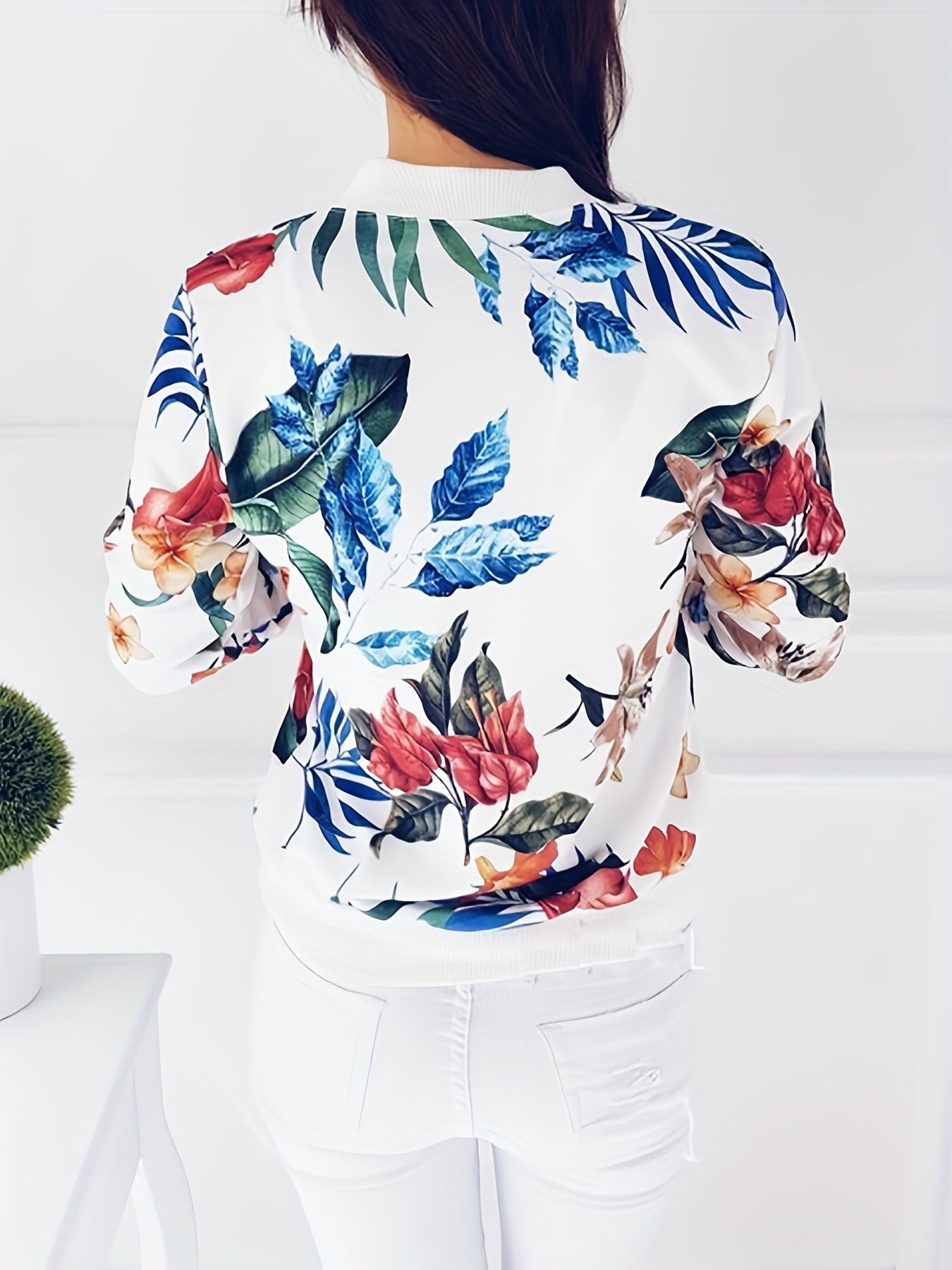 Floral Print Zip Up Jacket Casual Long Sleeve Jacket