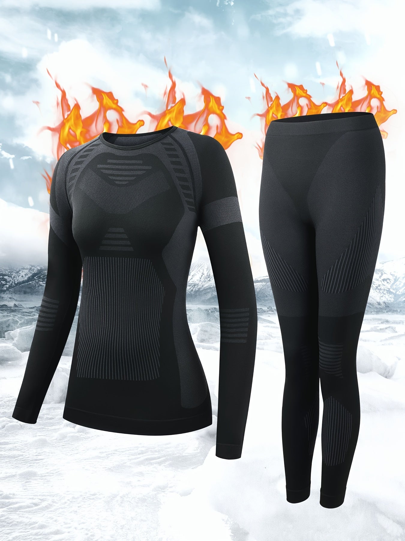 2pcs Thermal Underwear Set Long Sleeve Warm Top & Leggings for Women